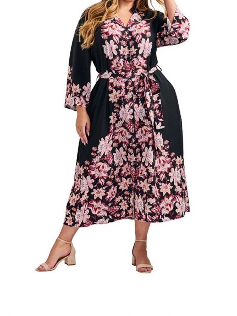 Avenue Black Dress with Cream and Dusty Rose Floral Print